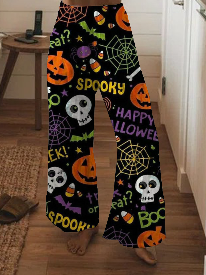 Halloween pumpkin print wide-leg pants