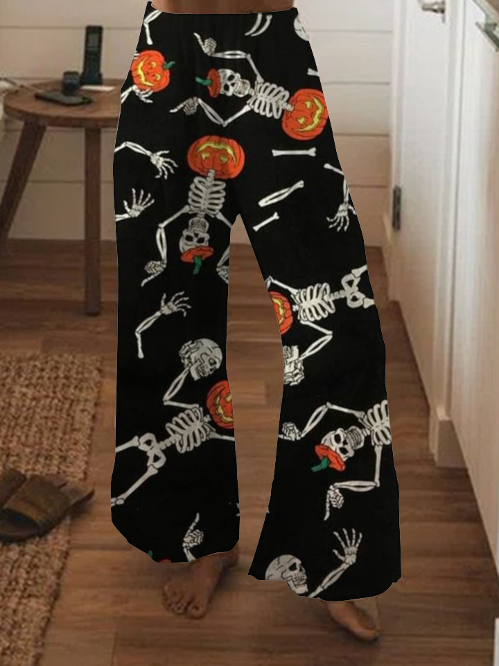 Halloween pumpkin print wide-leg pants