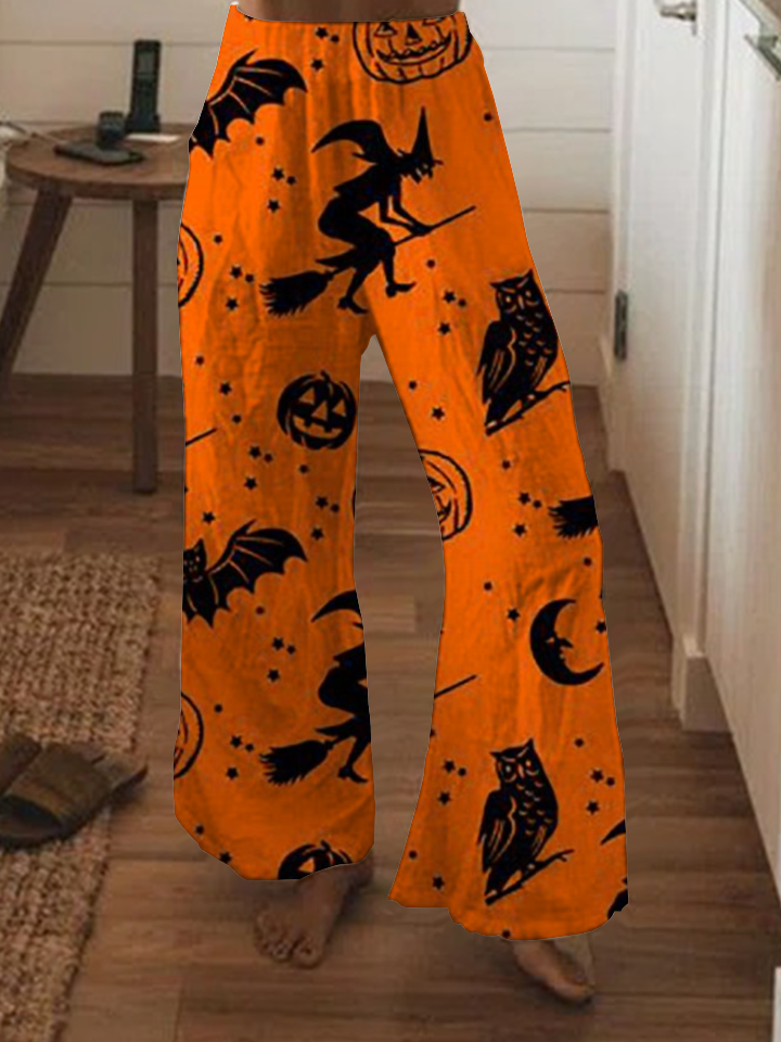 Halloween pumpkin print wide-leg pants