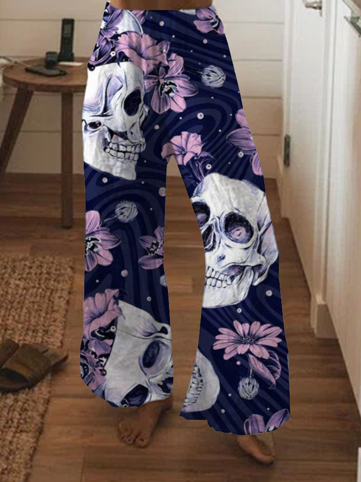 Punk floral skull wide-leg pants