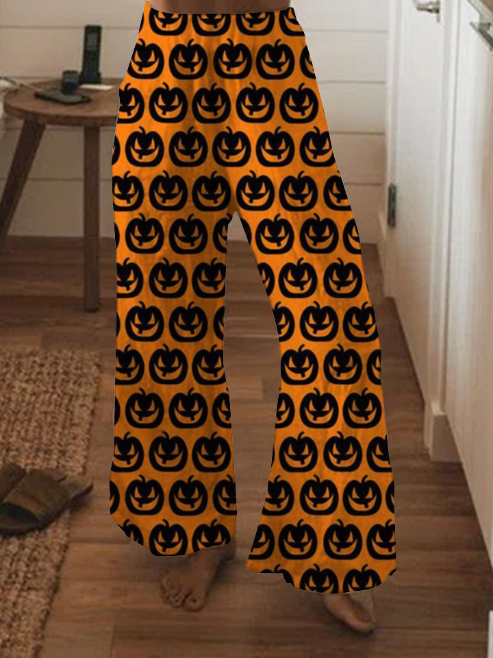 Halloween pumpkin print wide-leg pants