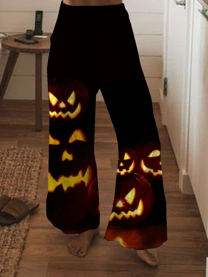Halloween pumpkin print wide-leg pants