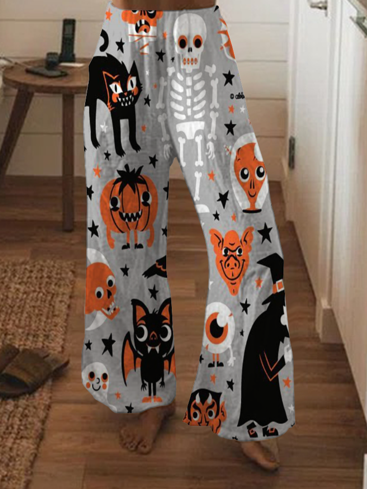 Halloween pumpkin print wide-leg pants
