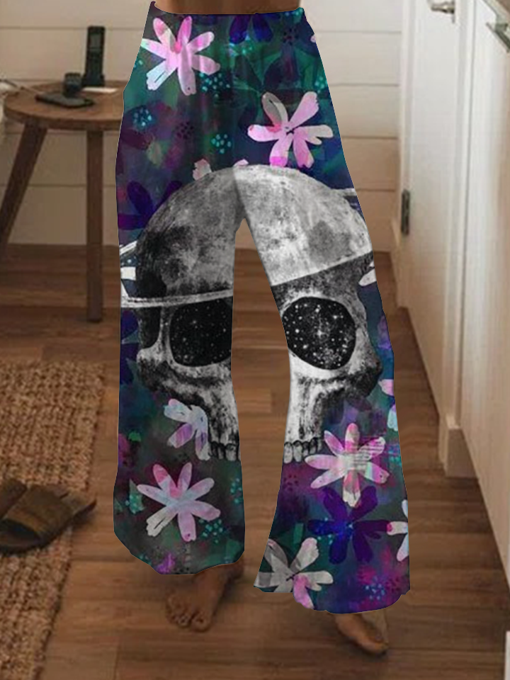 Punk flower skull print wide-leg pants