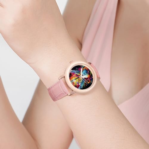 Watercolor Guitar with Wings Women's Leather Strap Watch Casual Watch Band Wristwatch Dress Watch for Home
