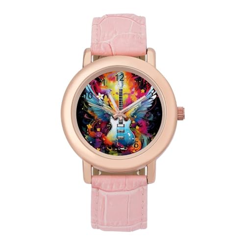 Watercolor Guitar with Wings Women's Leather Strap Watch Casual Watch Band Wristwatch Dress Watch for Home
