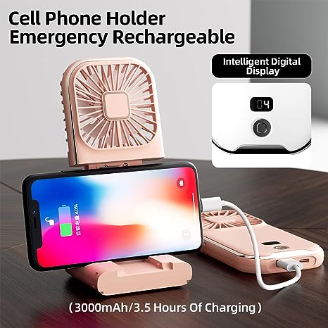 3 in 1 Folding Portable Neck Fan Digital Display Mini Fan with Power Bank & Cellphone Stand