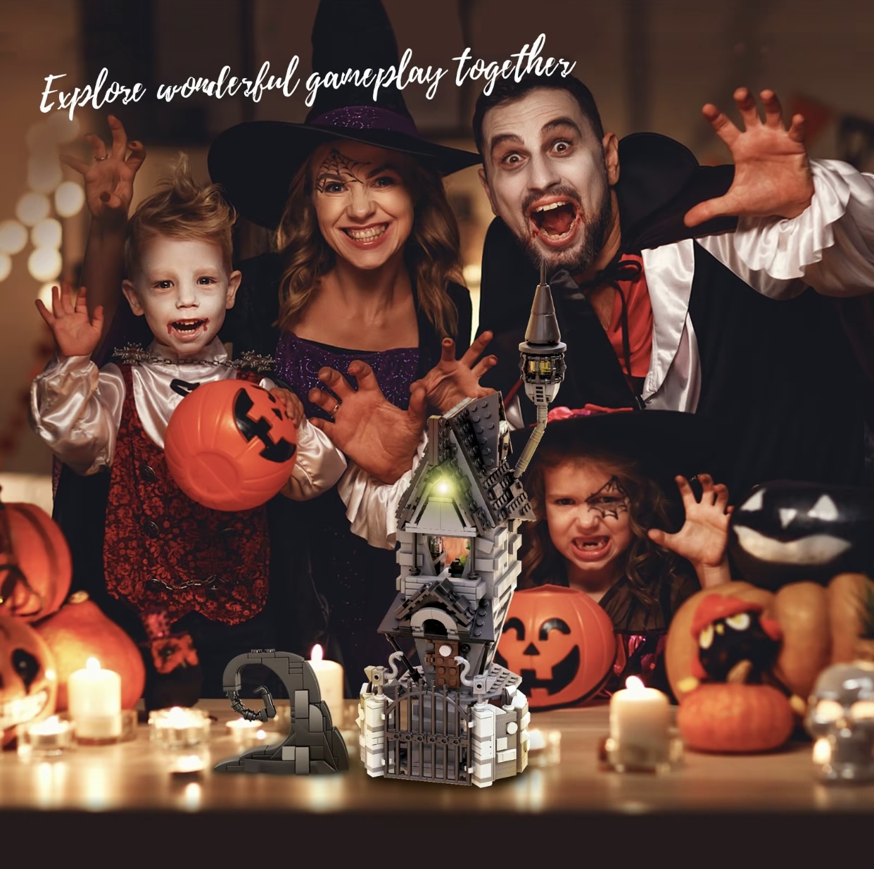 (766pcs)Halloween haunted architectureBuilding Set, Stress relief toy withMinifigures, Movie Fans gift for Adults