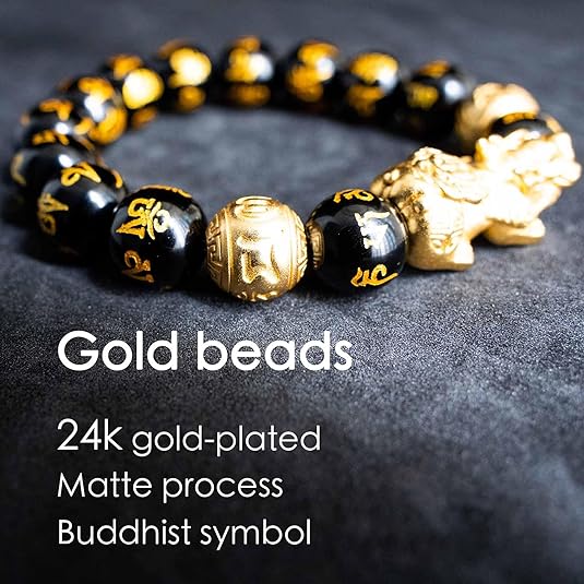 Feng Shui Bracelet Obsidian Bracelet, 24k  Plated Pixiu Bracelet Dragon Protection for Men Women