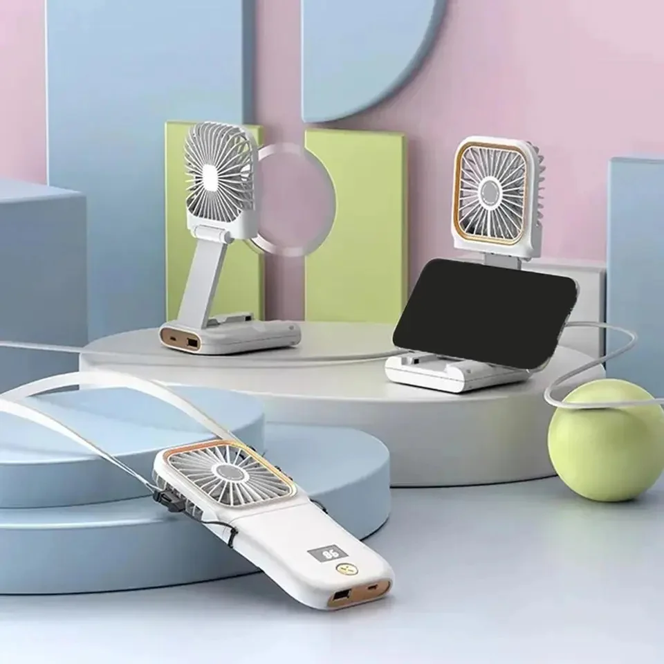 3 in 1 Folding Portable Neck Fan Digital Display Mini Fan with Power Bank & Cellphone Stand