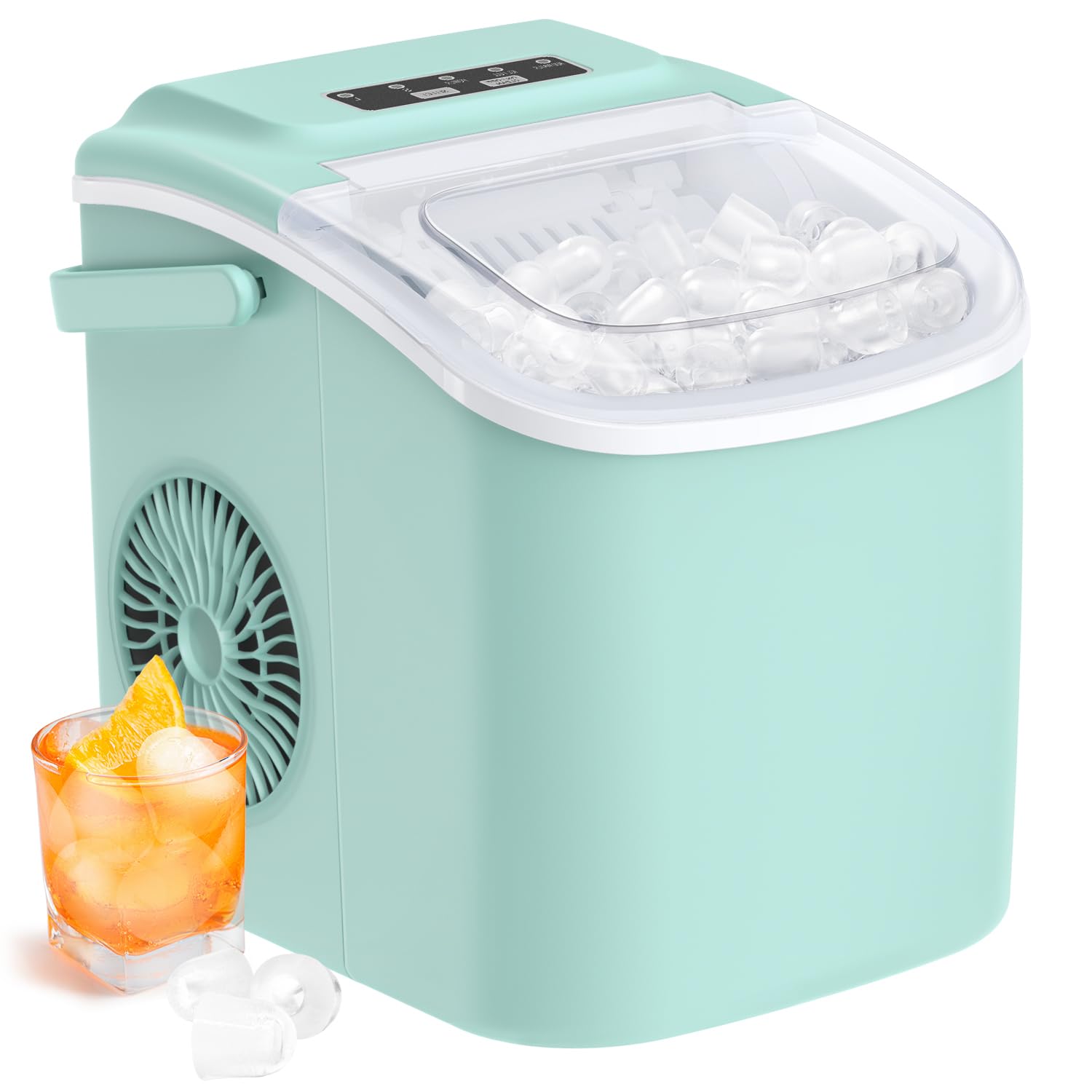 Ice Maker, 9 Cubes Ready in 6 Mins, 26lbs in 24Hrs, Self-Cleaning Ice Machine with Ice Scoop and Basket, 2 Sizes of Bullet Ice for Home Kitchen Office Bar Party, Green
