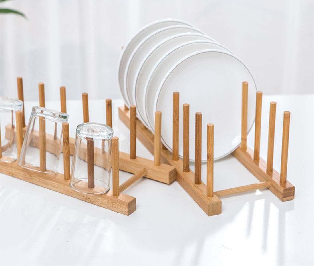 Set of 6 Bamboo Dish Rack - 3/6/8 Slots Wooden Plate Rack Stand Pot Lid Holder Dish Drying Rack for Dish, Bowl, Cup, Cutting Board and More