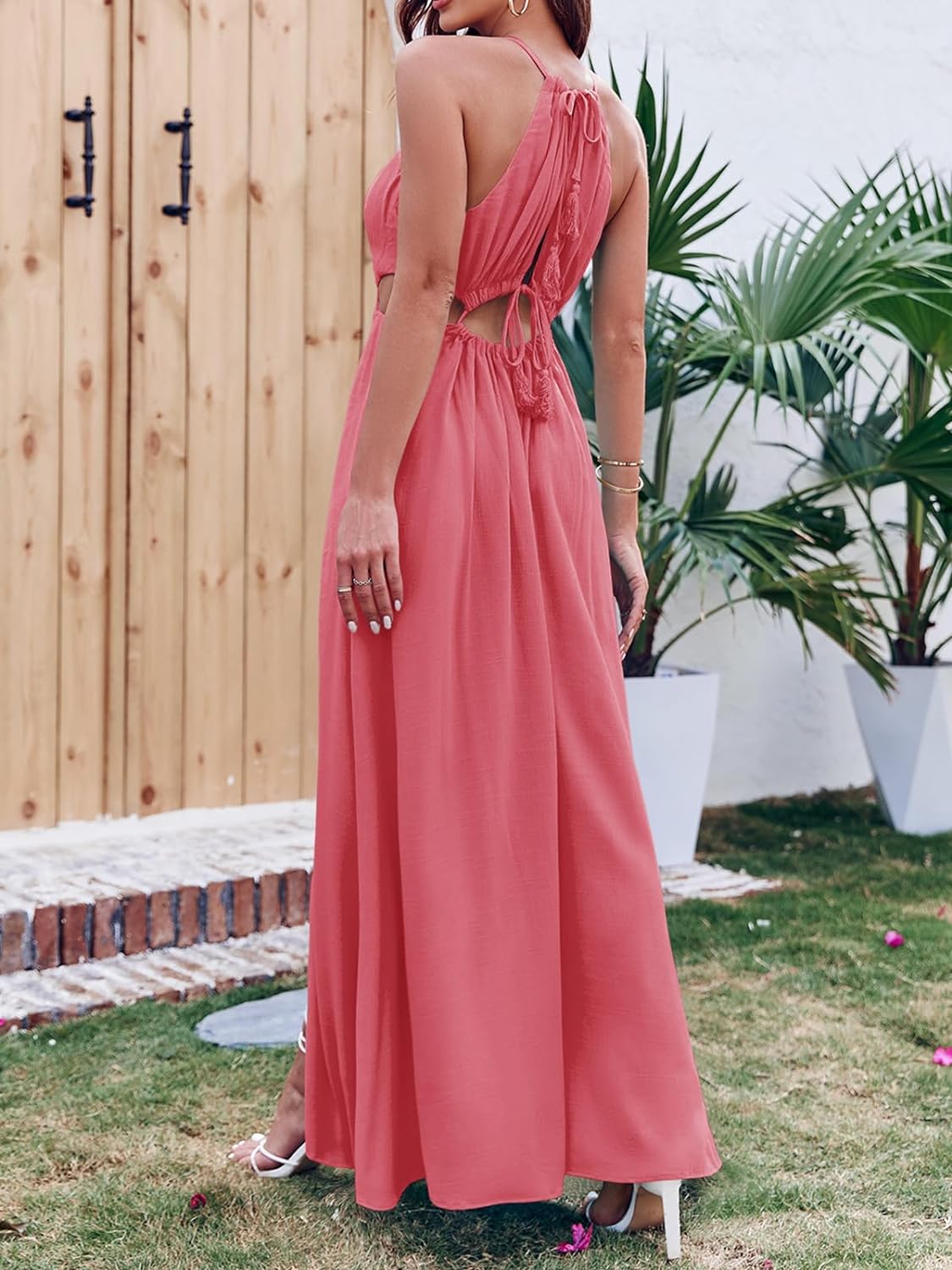 Women Cutout Halter Maxi Dress Backless Boho Beach Summer Dresses Tie Neck Side Slit Long Midi Dress