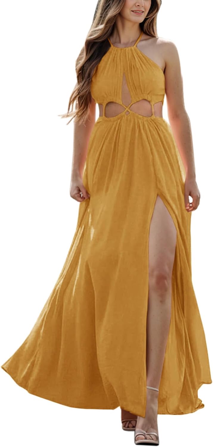 Women Cutout Halter Maxi Dress Backless Boho Beach Summer Dresses Tie Neck Side Slit Long Midi Dress