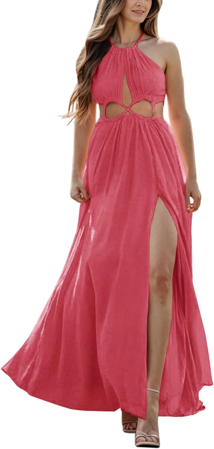 Women Cutout Halter Maxi Dress Backless Boho Beach Summer Dresses Tie Neck Side Slit Long Midi Dress