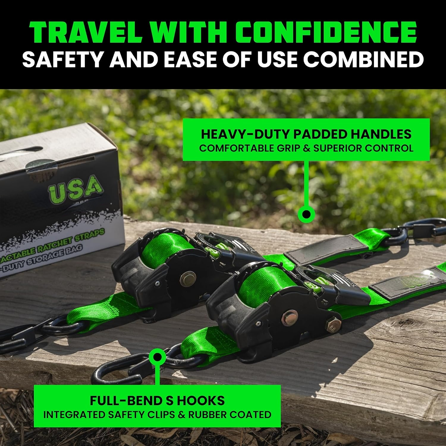 Retractable ratchet Tie down Band (4PK) - 1,209 LBS guaranteed maximum breaking strength! Includes (4) Ultimate 1 