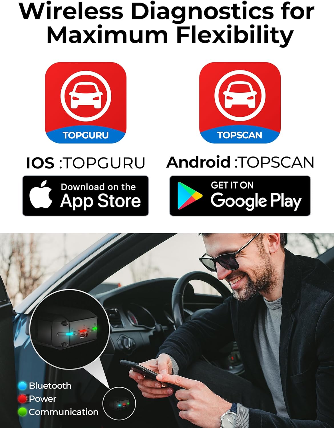 TopScan OBD2 Scanner Bluetooth, Bi-Directional Scanner Wireless All System Diagnostic Tool for iOS & Android