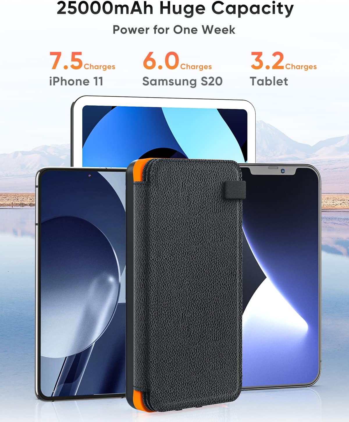 Solar Charger 25000mAh, Outdoor USB C Portable Power Bank with 4 Solar Panels, 3A Fast Charge External Battery Pack with 3 USB Outputs Compatible with Smartphones, Tablets, etc.