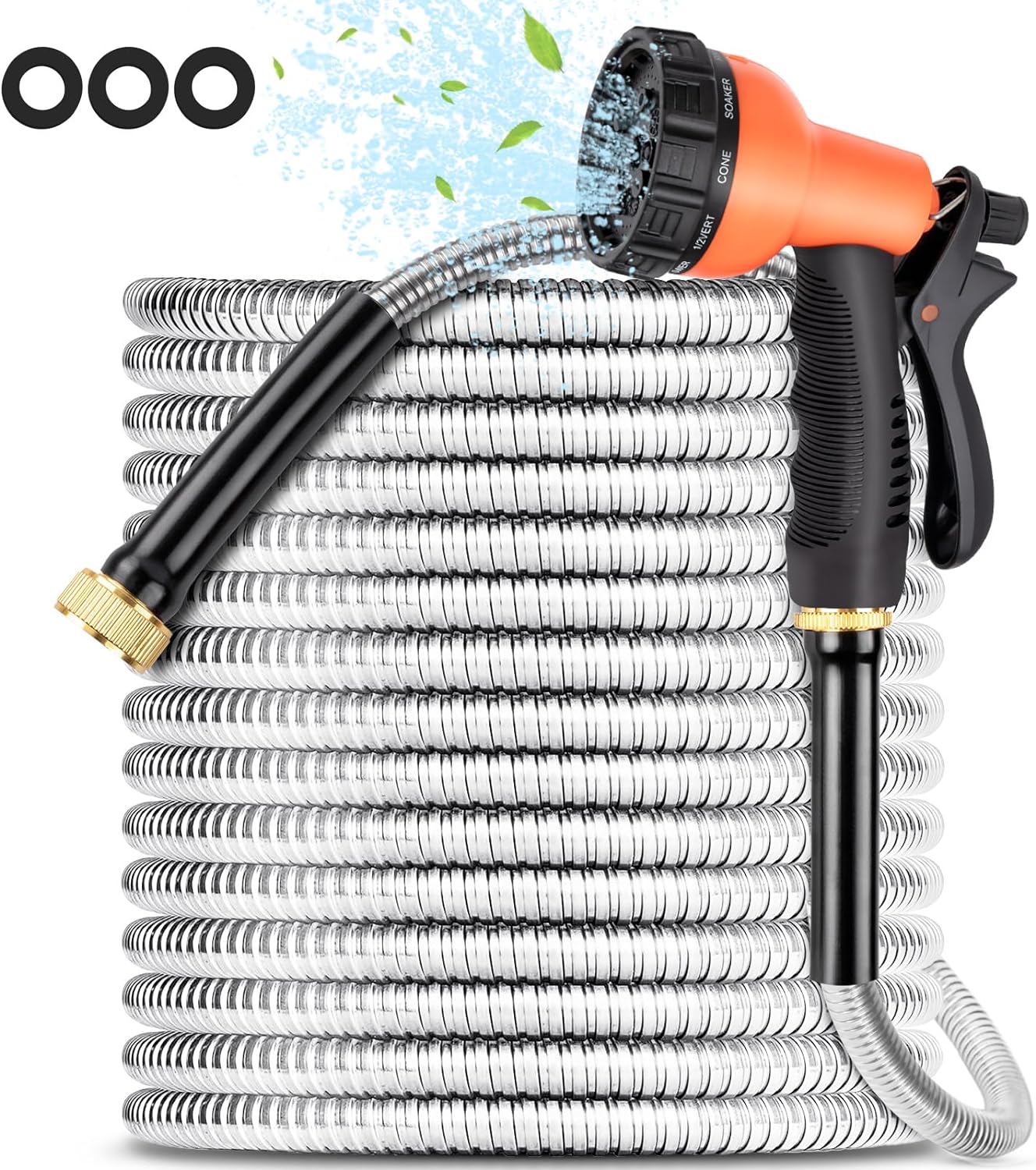 Garden Hose 100FT-Stainless Steel Water Hose with 10 Function Nozzle & Solid Fittings,No-Kink & No-Tangle,Lightweight Metal Garden Hoses,Anti-Rust Heavy Duty Water Hoses for Yard,Car Wash,Farm,Pet
