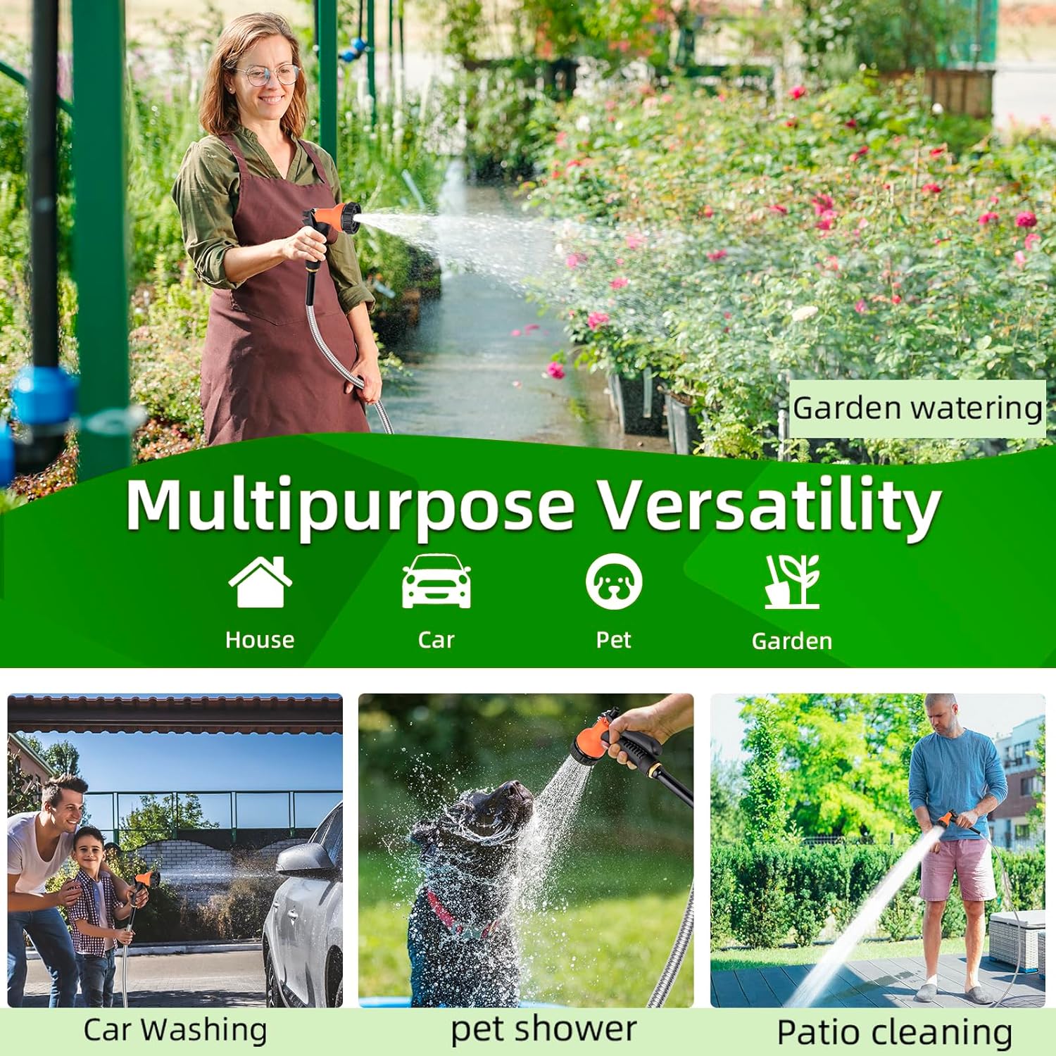 Garden Hose 100FT-Stainless Steel Water Hose with 10 Function Nozzle & Solid Fittings,No-Kink & No-Tangle,Lightweight Metal Garden Hoses,Anti-Rust Heavy Duty Water Hoses for Yard,Car Wash,Farm,Pet