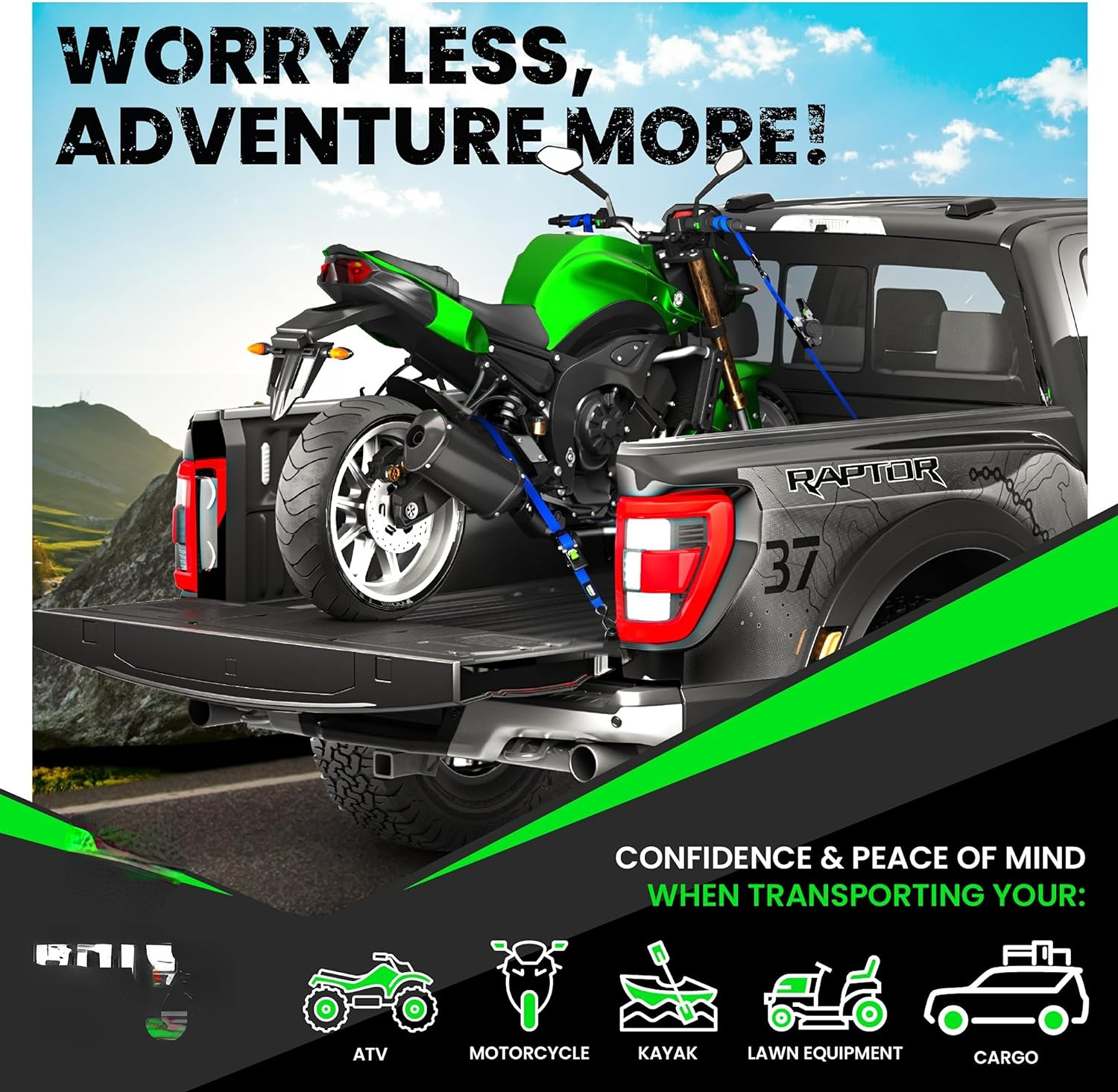 Retractable ratchet Tie down Band (4PK) - 1,209 LBS guaranteed maximum breaking strength! Includes (4) Ultimate 1 