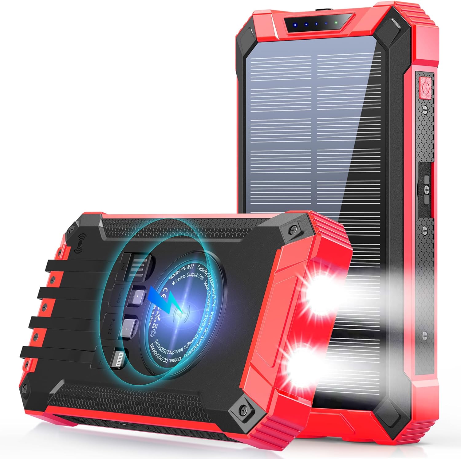 36000mAh Built in 4 Cables Six Outputs 15W Fast Charging Power Bank for All Mobile Devices Three Inputs Solar Portable Charger with Dual Flashlights, Carabiner
