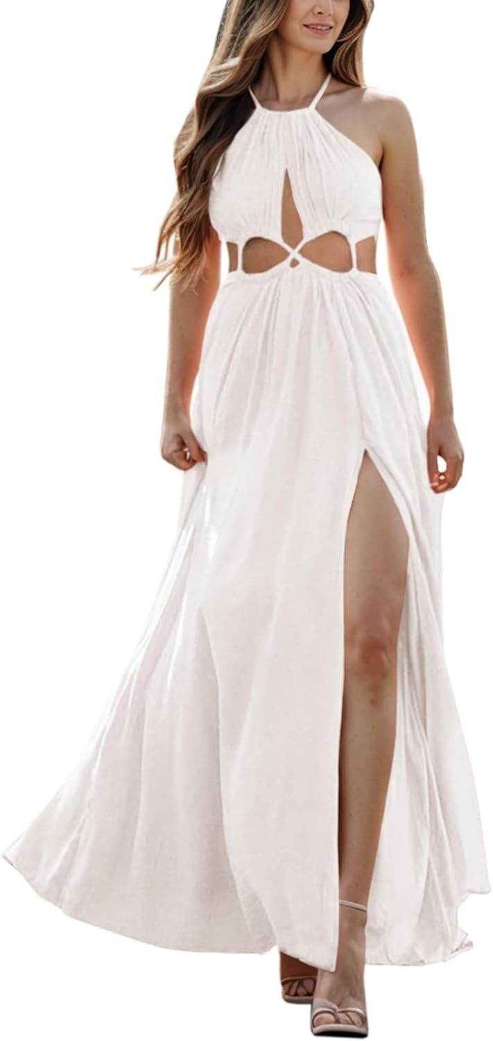 Women Cutout Halter Maxi Dress Backless Boho Beach Summer Dresses Tie Neck Side Slit Long Midi Dress