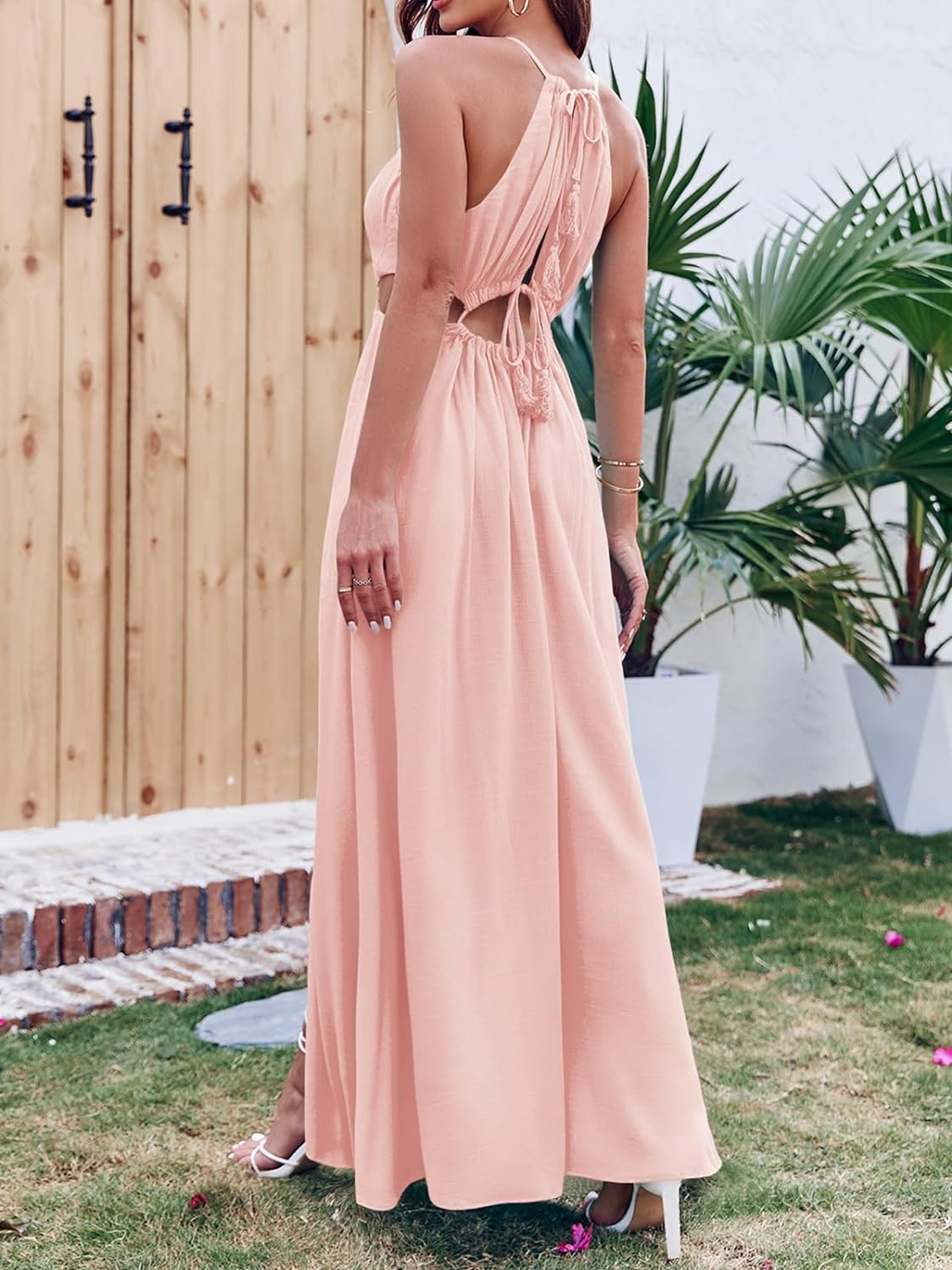 Women Cutout Halter Maxi Dress Backless Boho Beach Summer Dresses Tie Neck Side Slit Long Midi Dress