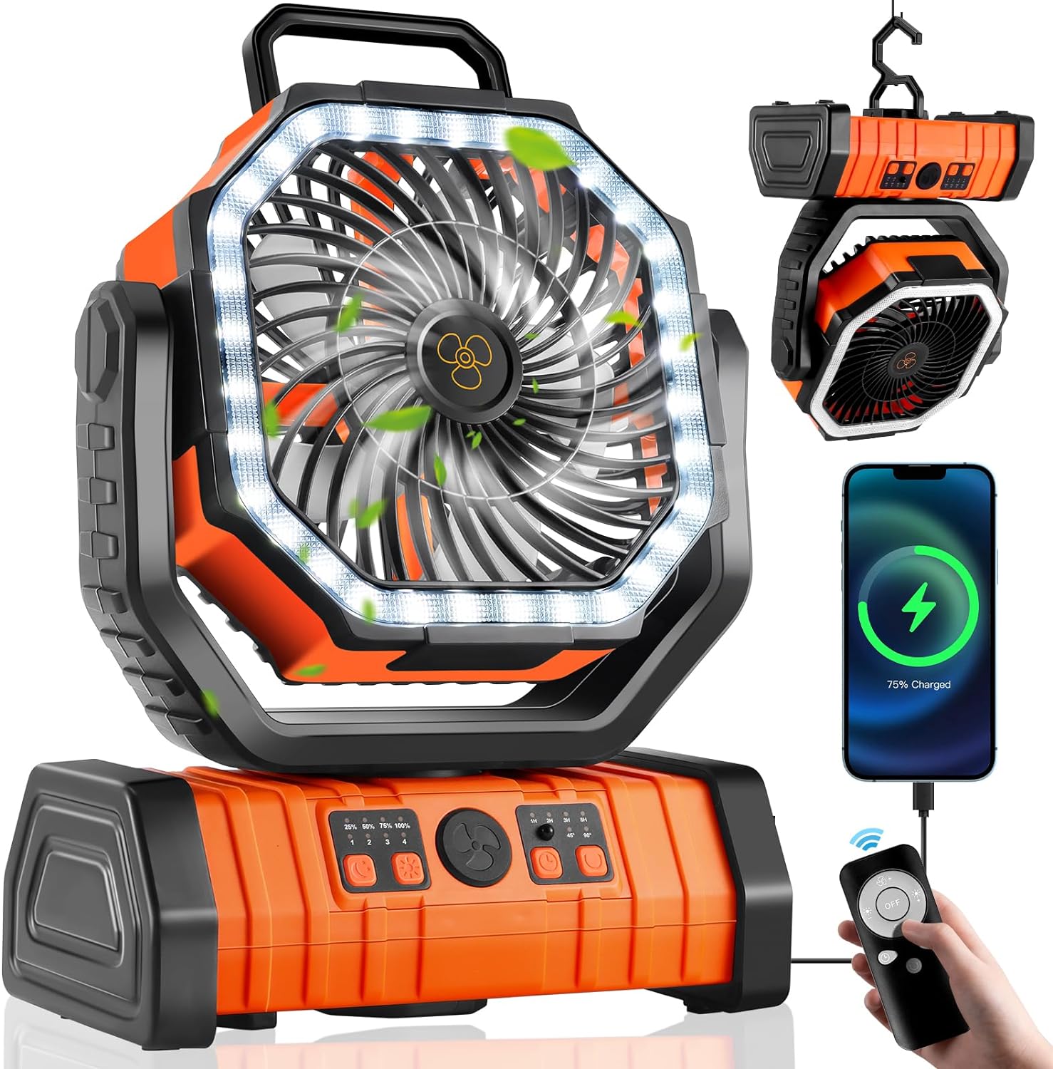 20000mAh Camping Fan with LED Lantern, Rechargeble Battery Operated Fan with 270° Head Rotation & Hook, Battery Operated Tents Fan with Remote for Picnic, Barbecue, Fishing, Travel, Home Outages