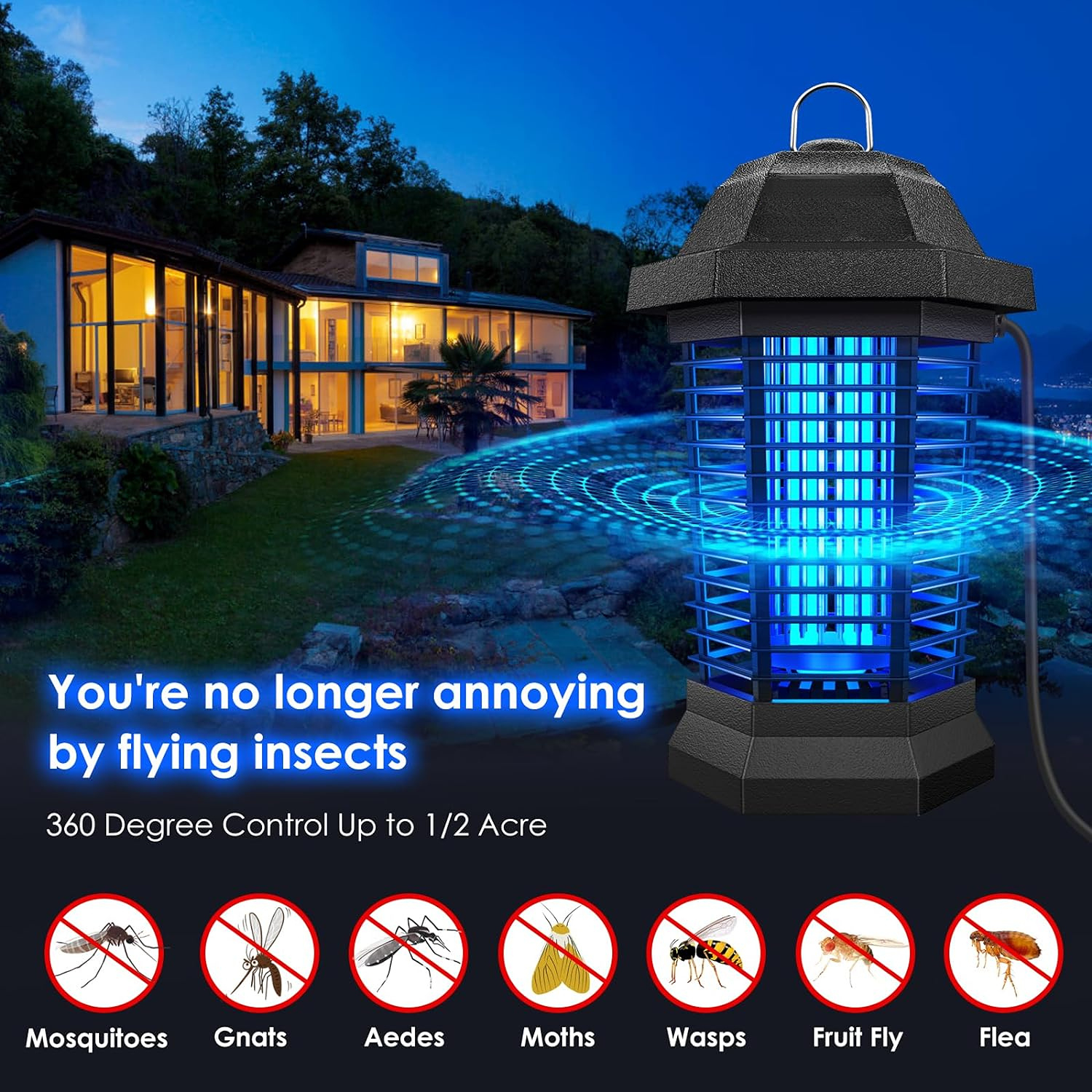 Bug Zapper Outdoor Electric, Mosquito Zapper, Fly Traps, Fly Zapper, Mosquito Killer, 3 Prong Plug, 90-130V, ABS Plastic Outer