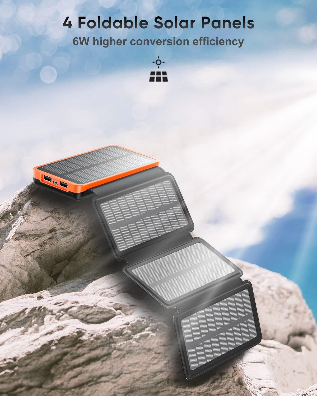 Solar Charger 25000mAh, Outdoor USB C Portable Power Bank with 4 Solar Panels, 3A Fast Charge External Battery Pack with 3 USB Outputs Compatible with Smartphones, Tablets, etc.