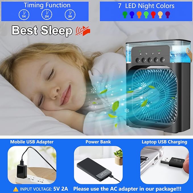 Portable Air Conditioners - Small Portable AC Quiet Personal Air Cooler,USB Powered Desktop Cooling Fan, 1/2/3 H Timer, 3 Speeds,360°Adjustment，Only cool and not damp~