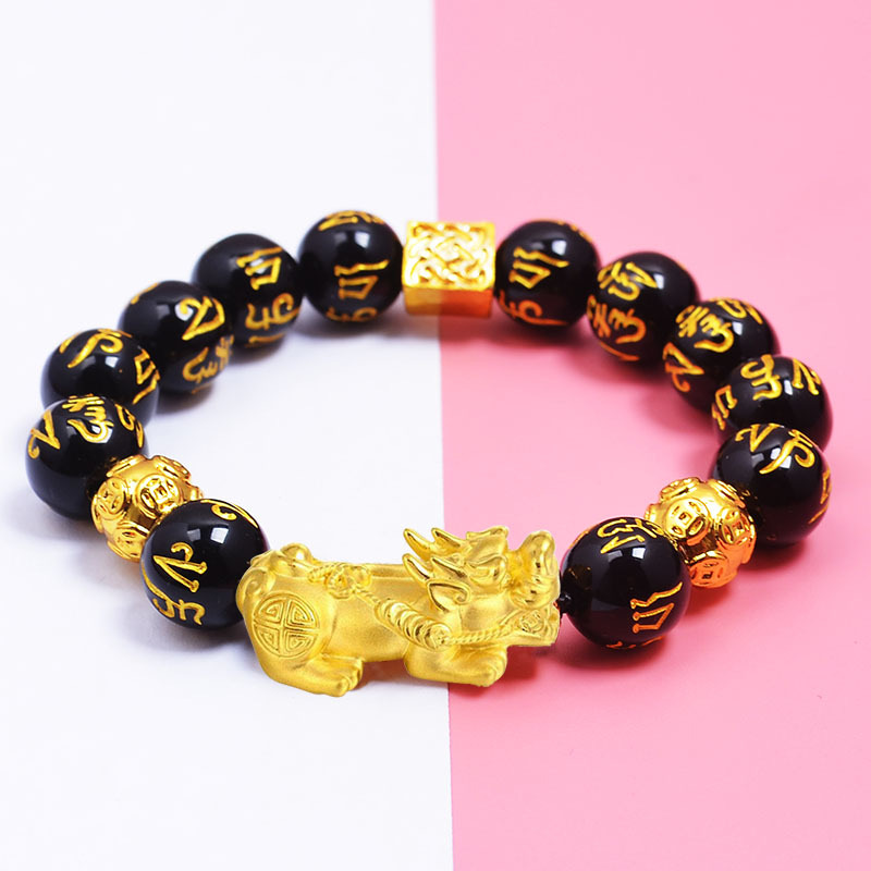 Feng Shui Bracelet Obsidian Bracelet, 24k  Plated Pixiu Bracelet Dragon Protection for Men Women