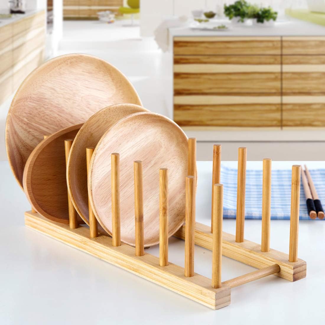 Set of 6 Bamboo Dish Rack - 3/6/8 Slots Wooden Plate Rack Stand Pot Lid Holder Dish Drying Rack for Dish, Bowl, Cup, Cutting Board and More