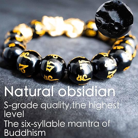 Feng Shui Bracelet Obsidian Bracelet, 24k  Plated Pixiu Bracelet Dragon Protection for Men Women