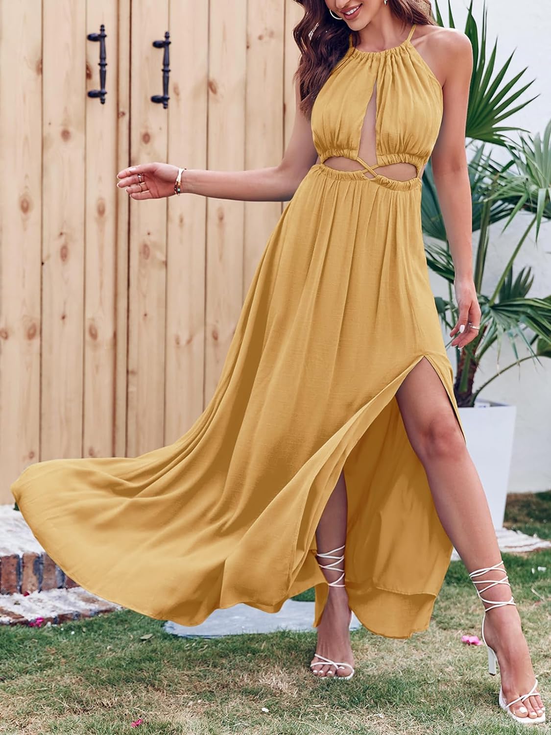 Women Cutout Halter Maxi Dress Backless Boho Beach Summer Dresses Tie Neck Side Slit Long Midi Dress