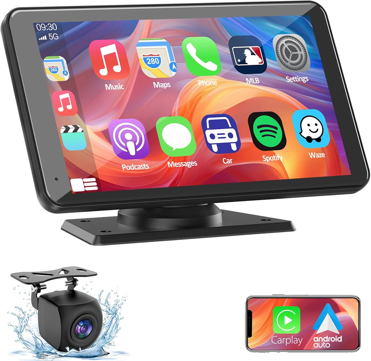 Portable Wireless CarPlay Screen for Car, 7 Inch Double Din Car Stereo for Apple CarPlay & Android Auto, Multimedia Player with Backup Camera, Mirror Link, Navigation Screen for All Vehicles