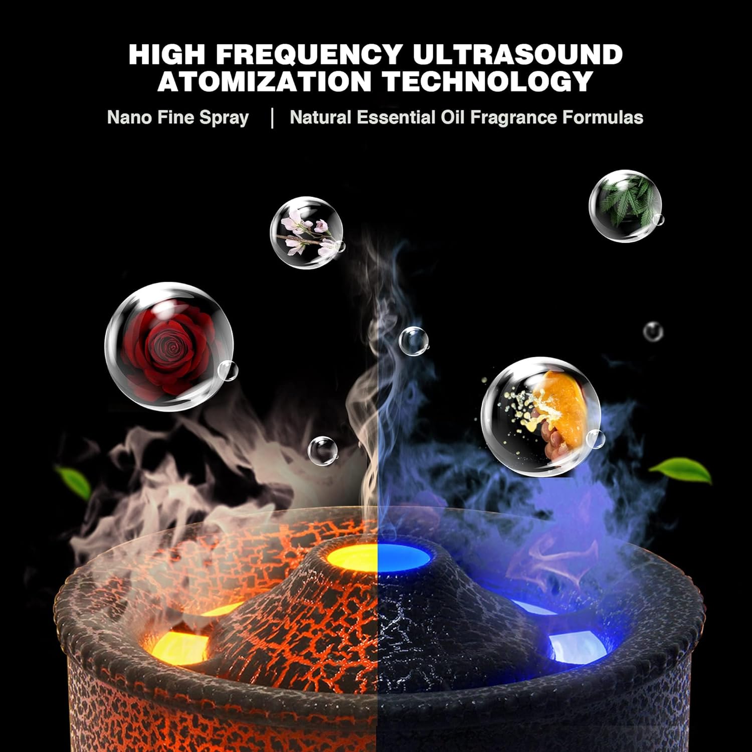 Essential Oil Volcano Diffuser, Volcano Humidifier Diffuser with 4 Essential Oils, 2 Mist Modes, Timer and Waterless Auto-Off, Aromatherapy Diffuser for Home Office, 360ml, Black