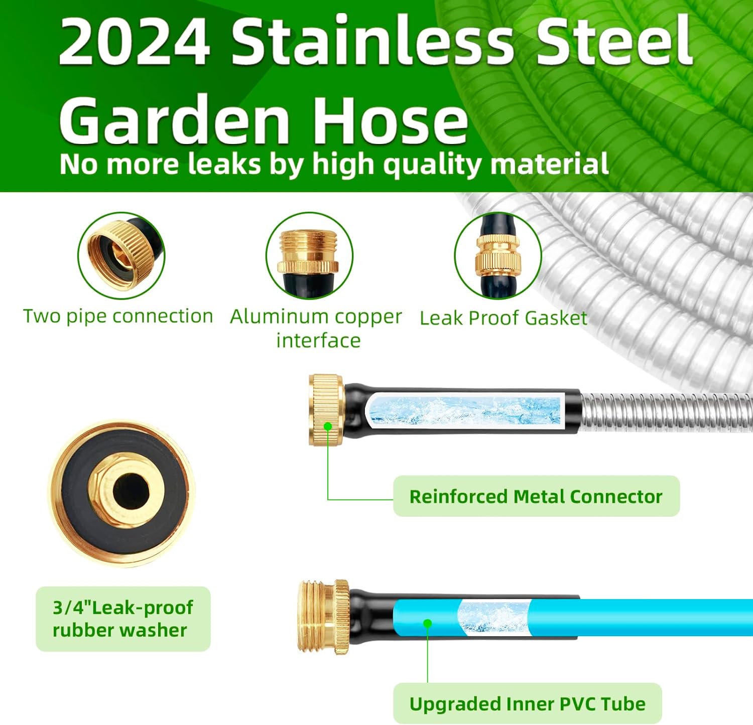 Garden Hose 100FT-Stainless Steel Water Hose with 10 Function Nozzle & Solid Fittings,No-Kink & No-Tangle,Lightweight Metal Garden Hoses,Anti-Rust Heavy Duty Water Hoses for Yard,Car Wash,Farm,Pet