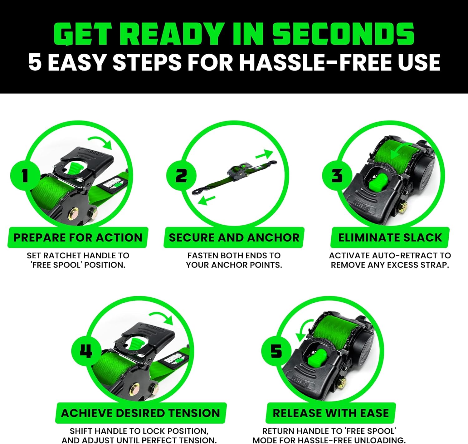 Retractable ratchet Tie down Band (4PK) - 1,209 LBS guaranteed maximum breaking strength! Includes (4) Ultimate 1 