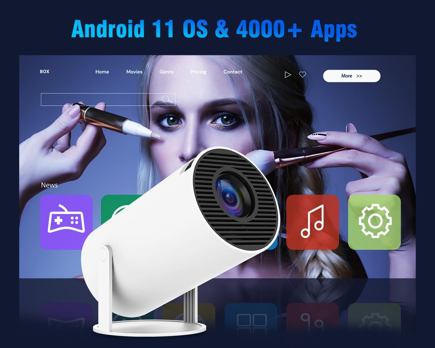 Mini Projector with Android 11, Portable Projector 4K 1080P Full HD Support,180°Rotatable Outdoor Projector for Phone/TV Stick/Laptop