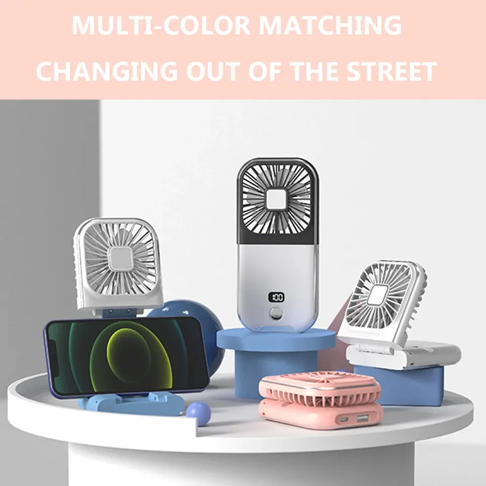3 in 1 Folding Portable Neck Fan Digital Display Mini Fan with Power Bank & Cellphone Stand
