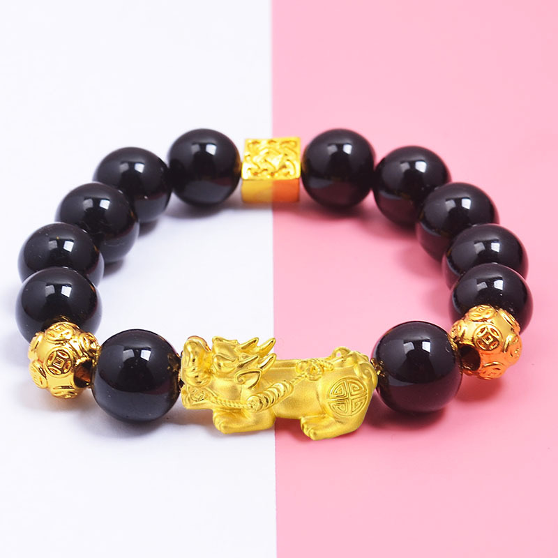 Feng Shui Bracelet Obsidian Bracelet, 24k  Plated Pixiu Bracelet Dragon Protection for Men Women