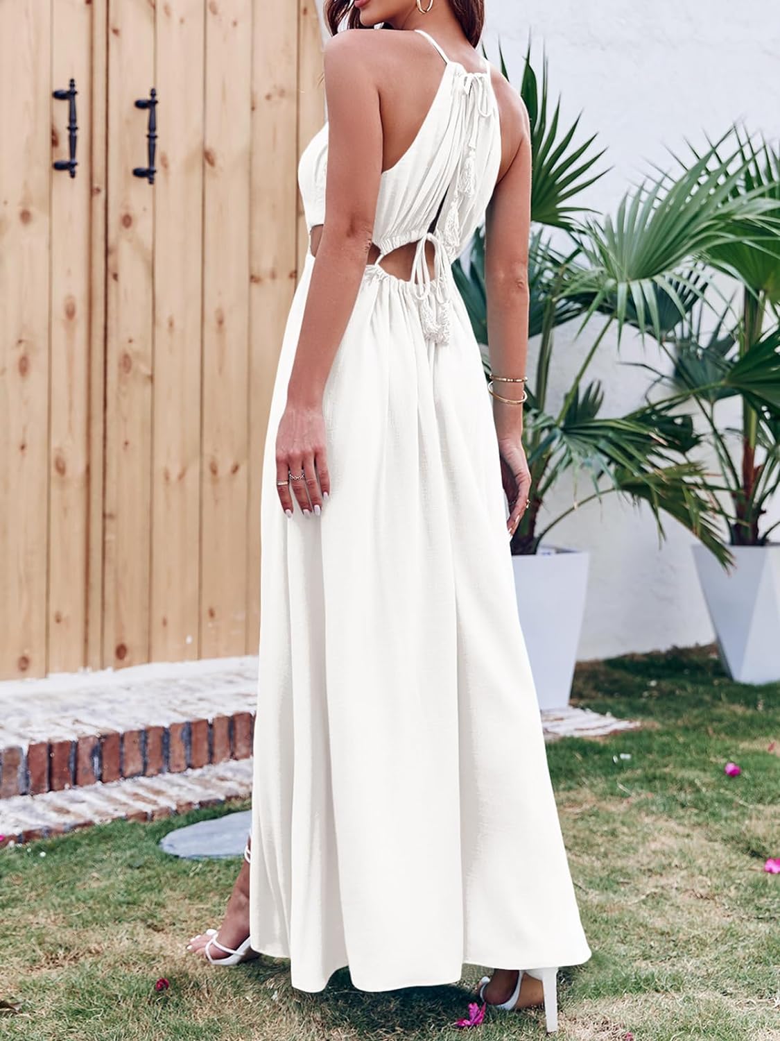 Women Cutout Halter Maxi Dress Backless Boho Beach Summer Dresses Tie Neck Side Slit Long Midi Dress