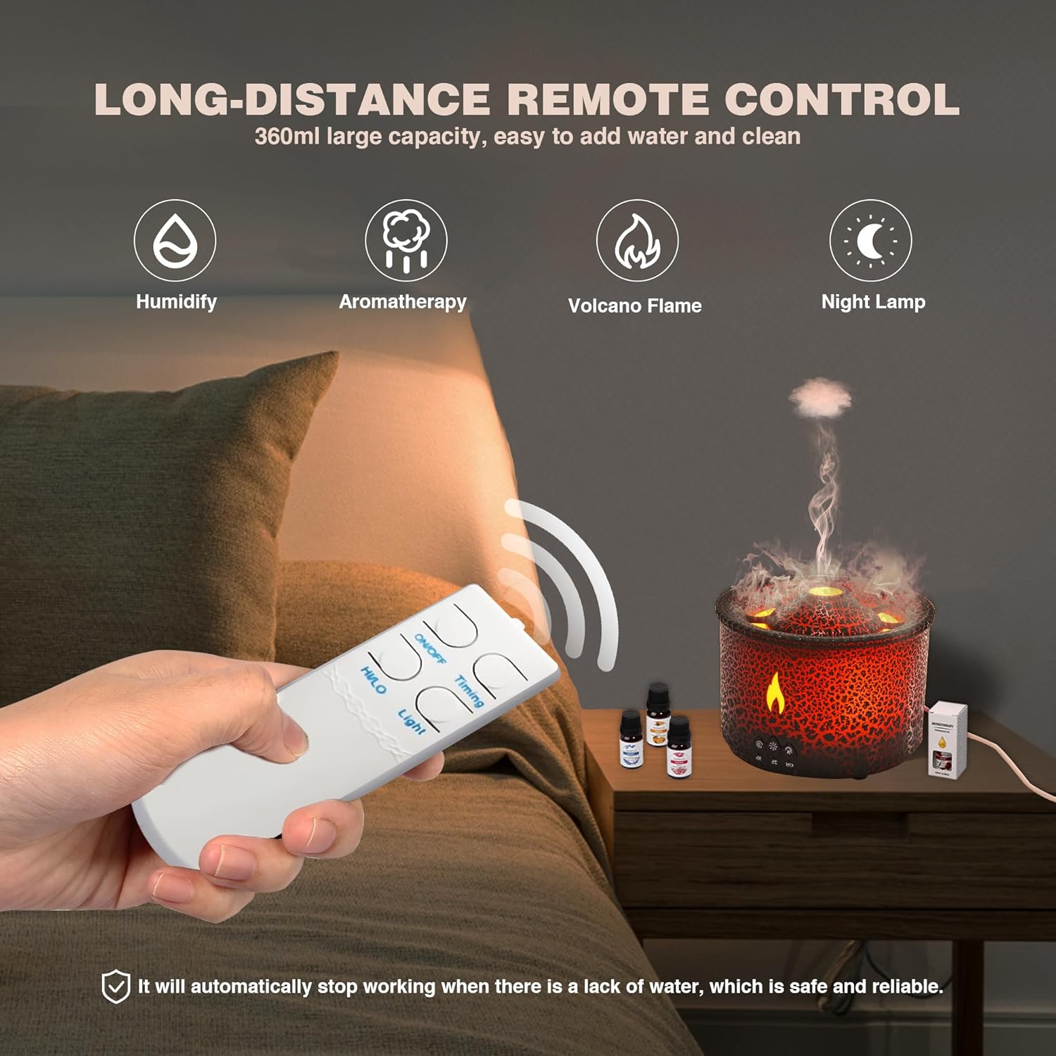 Essential Oil Volcano Diffuser, Volcano Humidifier Diffuser with 4 Essential Oils, 2 Mist Modes, Timer and Waterless Auto-Off, Aromatherapy Diffuser for Home Office, 360ml, Black