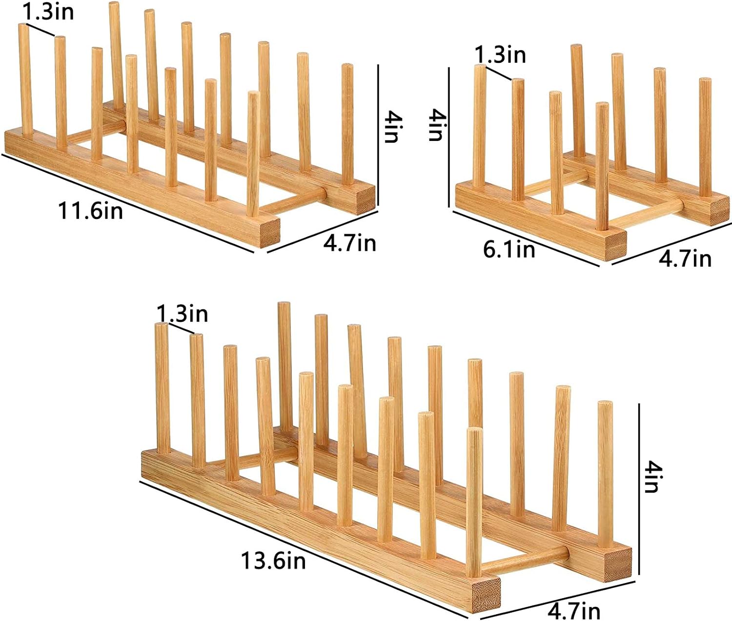 Set of 6 Bamboo Dish Rack - 3/6/8 Slots Wooden Plate Rack Stand Pot Lid Holder Dish Drying Rack for Dish, Bowl, Cup, Cutting Board and More