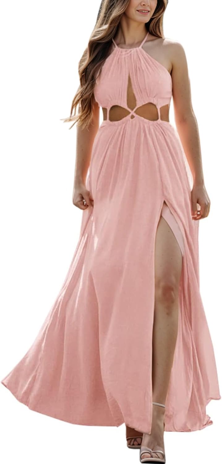 Women Cutout Halter Maxi Dress Backless Boho Beach Summer Dresses Tie Neck Side Slit Long Midi Dress
