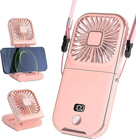 3 in 1 Folding Portable Neck Fan Digital Display Mini Fan with Power Bank & Cellphone Stand
