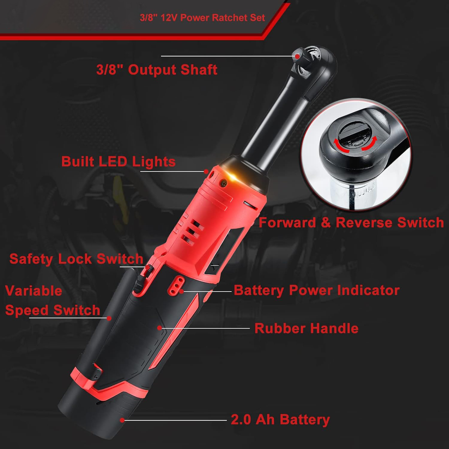 Cordless electric ratchet wrench Set, 3/8 inch 12V electric ratchet tool kit with 2 packs 2000mAh lithium-ion batteries and charger