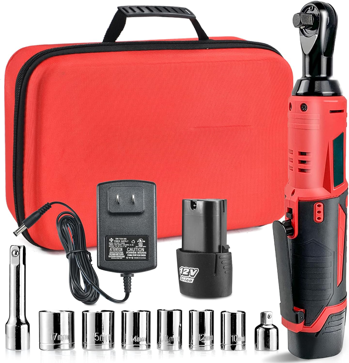 Cordless electric ratchet wrench Set, 3/8 inch 12V electric ratchet tool kit with 2 packs 2000mAh lithium-ion batteries and charger